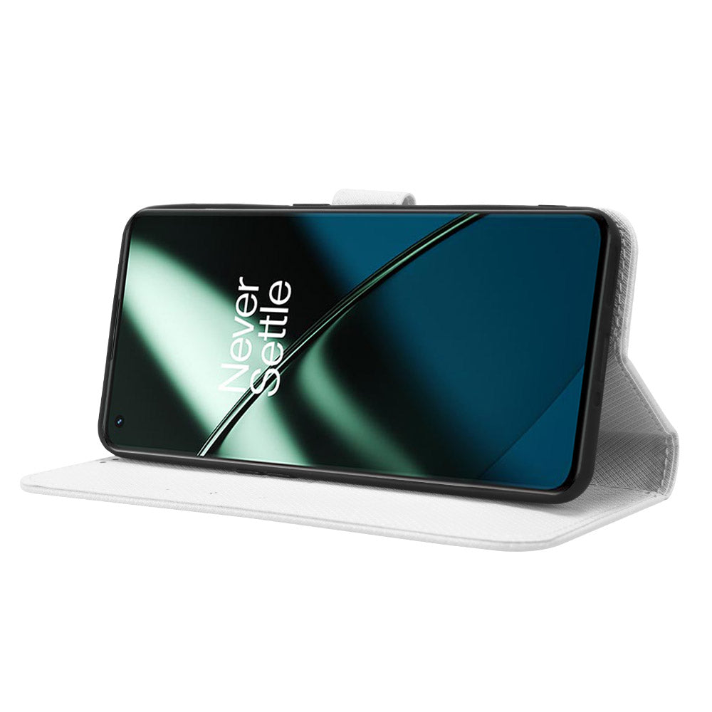 For OnePlus 11 5G PU Leather Cell Phone Cover Diamond Texture Flip Wallet Stand Full Protection Phone Case - White