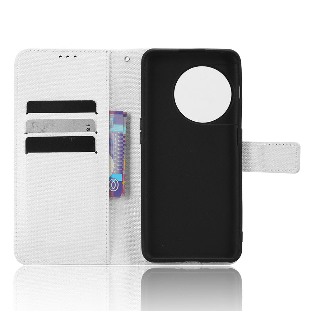 For OnePlus 11 5G PU Leather Cell Phone Cover Diamond Texture Flip Wallet Stand Full Protection Phone Case - White