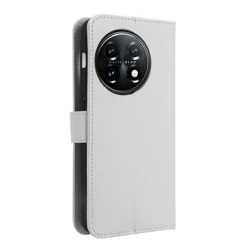 For OnePlus 11 5G PU Leather Cell Phone Cover Diamond Texture Flip Wallet Stand Full Protection Phone Case - White