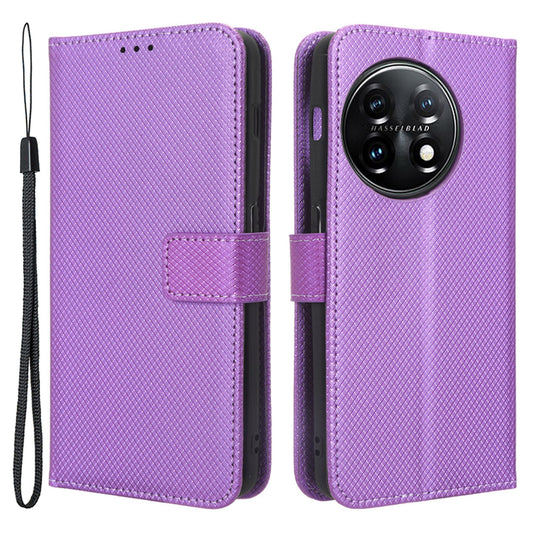 For OnePlus 11 5G PU Leather Cell Phone Cover Diamond Texture Flip Wallet Stand Full Protection Phone Case - Purple