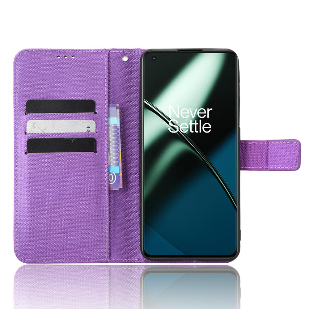 For OnePlus 11 5G PU Leather Cell Phone Cover Diamond Texture Flip Wallet Stand Full Protection Phone Case - Purple