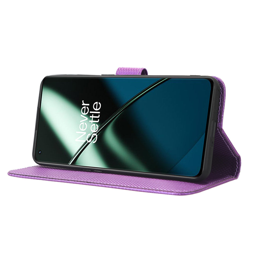 For OnePlus 11 5G PU Leather Cell Phone Cover Diamond Texture Flip Wallet Stand Full Protection Phone Case - Purple