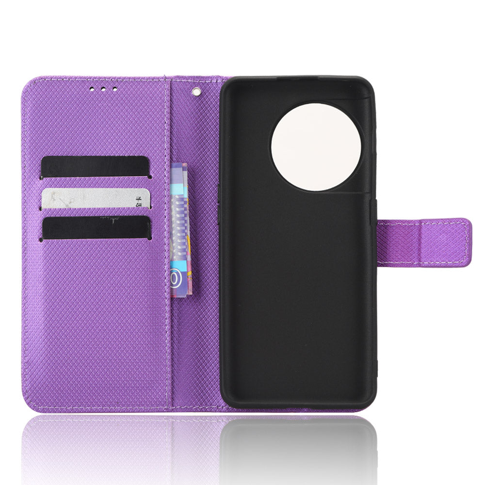 For OnePlus 11 5G PU Leather Cell Phone Cover Diamond Texture Flip Wallet Stand Full Protection Phone Case - Purple