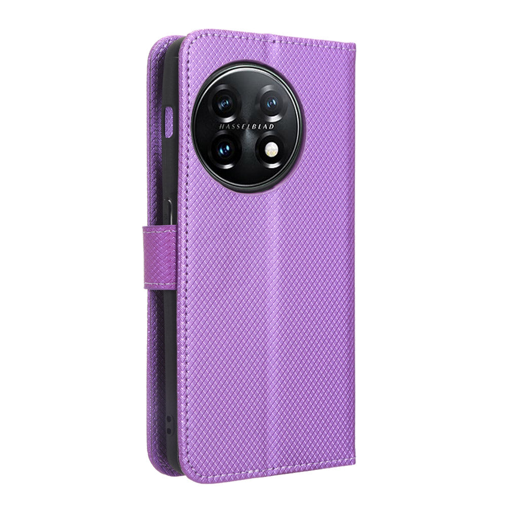 For OnePlus 11 5G PU Leather Cell Phone Cover Diamond Texture Flip Wallet Stand Full Protection Phone Case - Purple