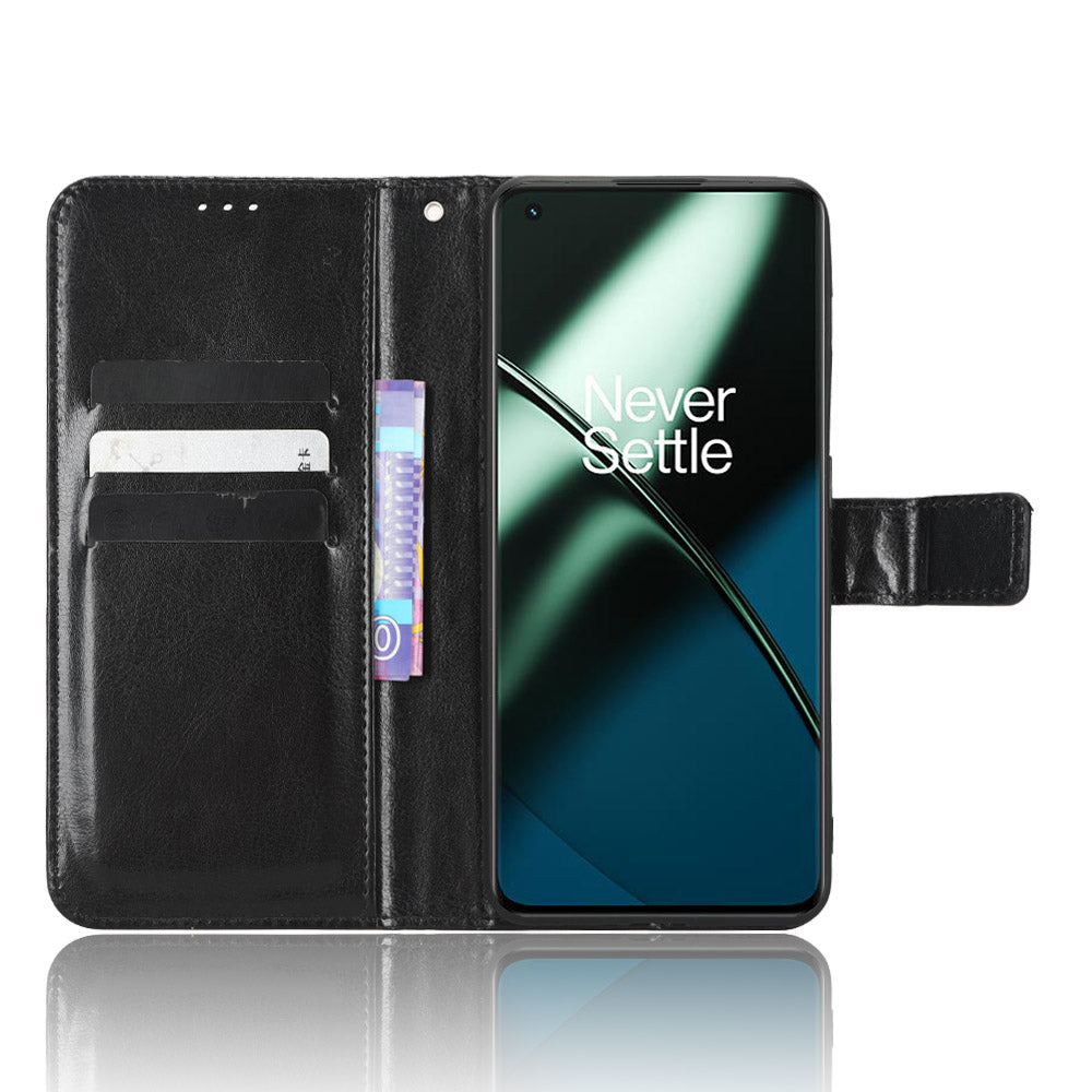 Anti-fall Leather Phone Cover for OnePlus 11 5G, Crazy Horse Texture Protective Phone Case Stand Wallet with Strap - Black