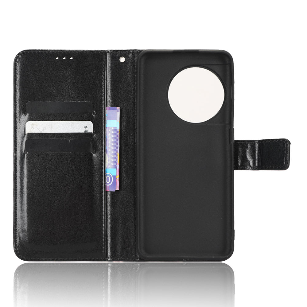 Anti-fall Leather Phone Cover for OnePlus 11 5G, Crazy Horse Texture Protective Phone Case Stand Wallet with Strap - Black