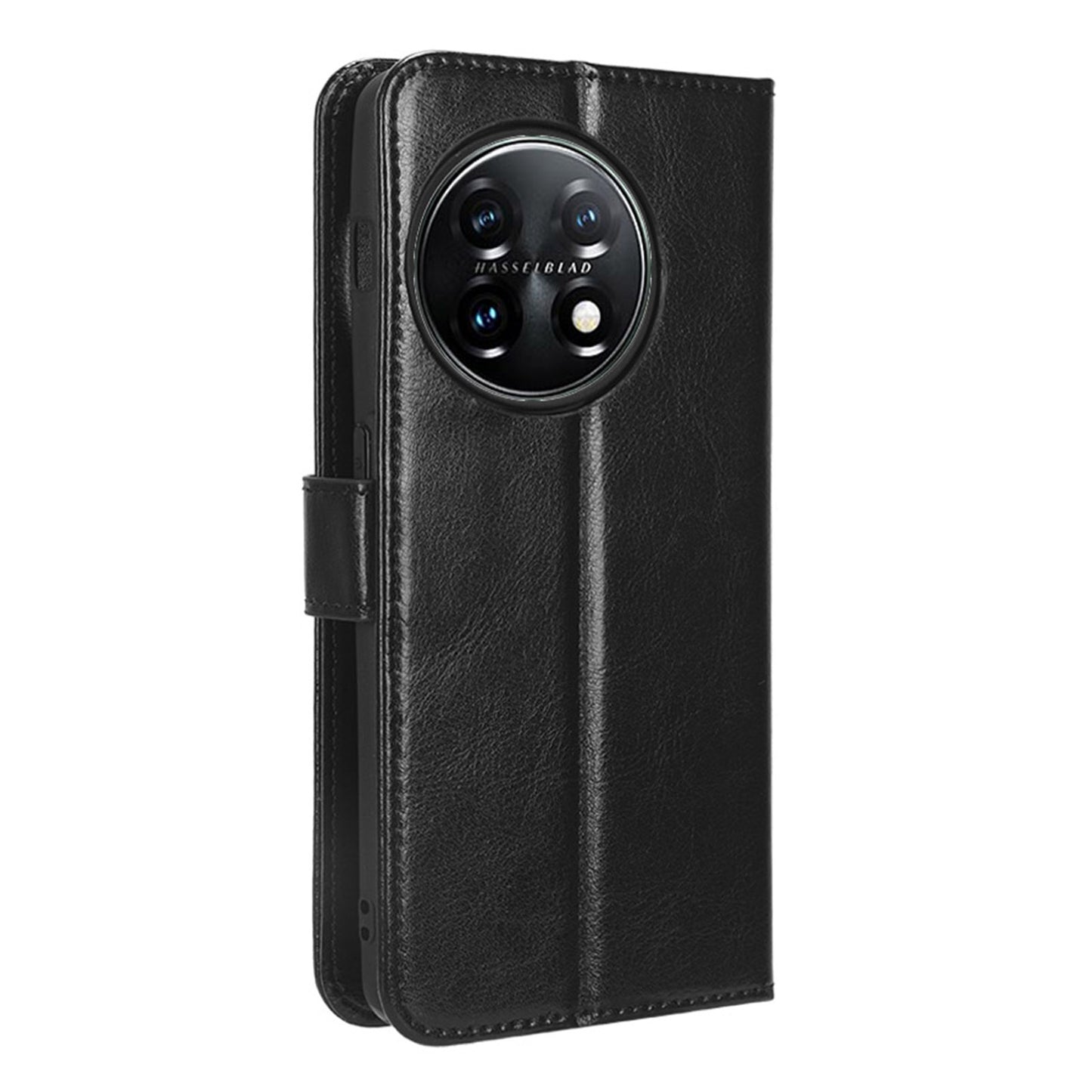 Anti-fall Leather Phone Cover for OnePlus 11 5G, Crazy Horse Texture Protective Phone Case Stand Wallet with Strap - Black