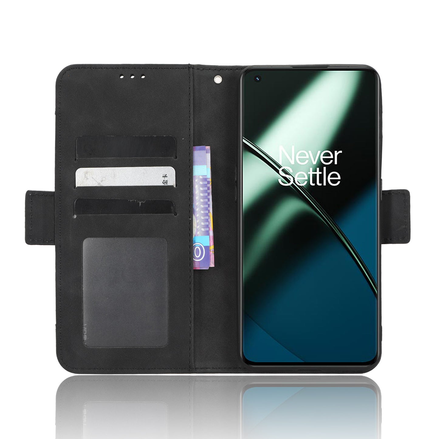 For OnePlus 11 5G PU Leather Shockproof Phone Case Stand Card Holder Magnetic Flip Wallet Cell Phone Cover - Black