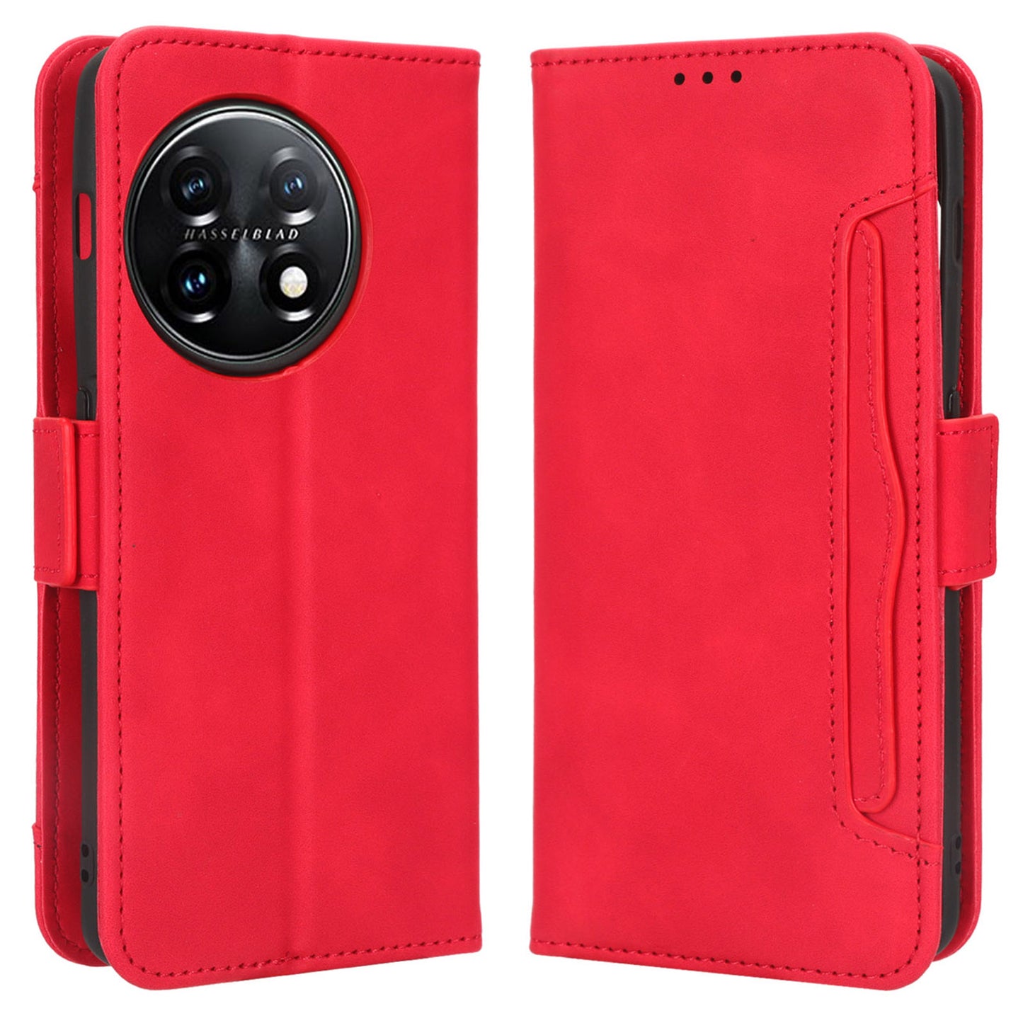 For OnePlus 11 5G PU Leather Shockproof Phone Case Stand Card Holder Magnetic Flip Wallet Cell Phone Cover - Red