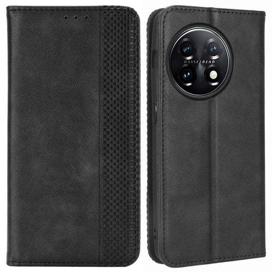 Cell Phone Cover with Stand For OnePlus 11 5G, Magnetic Retro Texture Wallet Drop-proof PU Leather Phone Case - Black