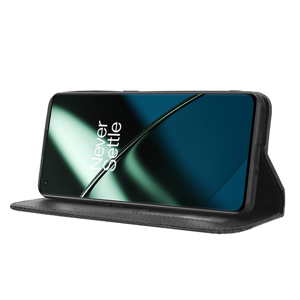 Cell Phone Cover with Stand For OnePlus 11 5G, Magnetic Retro Texture Wallet Drop-proof PU Leather Phone Case - Black