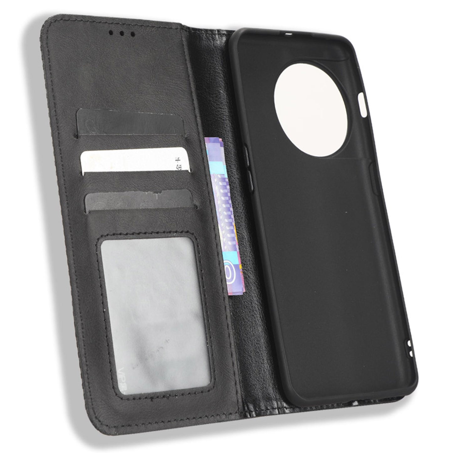Cell Phone Cover with Stand For OnePlus 11 5G, Magnetic Retro Texture Wallet Drop-proof PU Leather Phone Case - Black