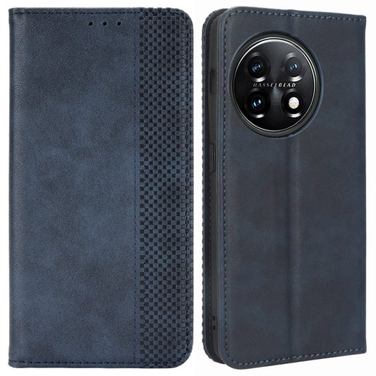 Cell Phone Cover with Stand For OnePlus 11 5G, Magnetic Retro Texture Wallet Drop-proof PU Leather Phone Case - Blue