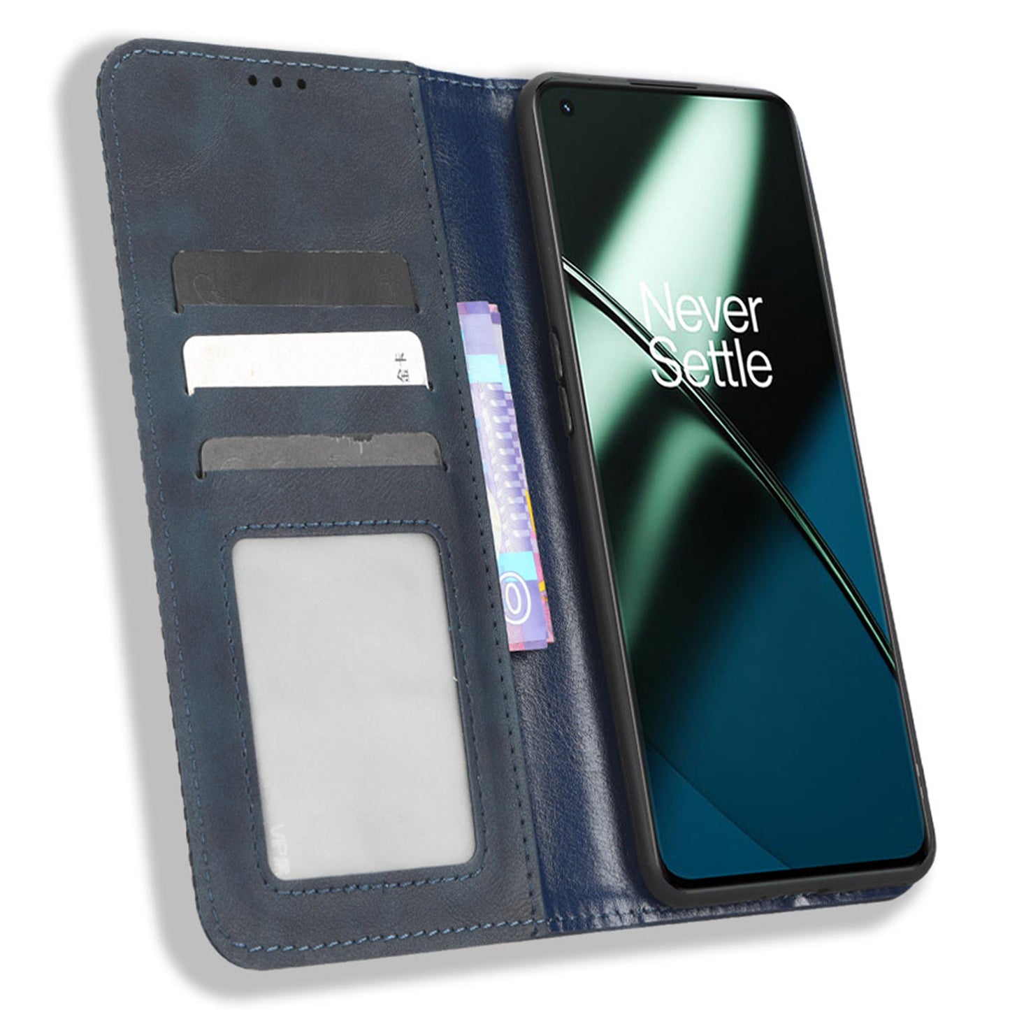 Cell Phone Cover with Stand For OnePlus 11 5G, Magnetic Retro Texture Wallet Drop-proof PU Leather Phone Case - Blue