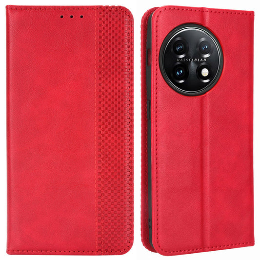 Cell Phone Cover with Stand For OnePlus 11 5G, Magnetic Retro Texture Wallet Drop-proof PU Leather Phone Case - Red