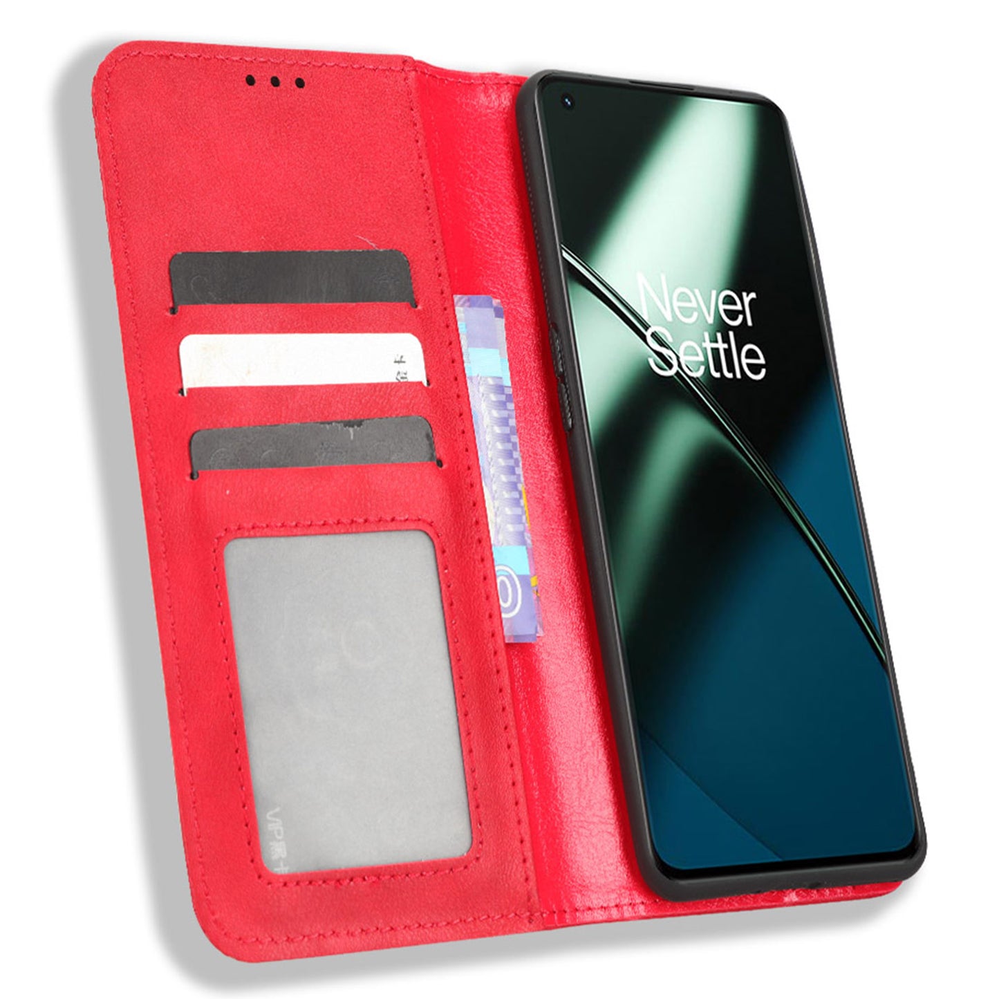 Cell Phone Cover with Stand For OnePlus 11 5G, Magnetic Retro Texture Wallet Drop-proof PU Leather Phone Case - Red