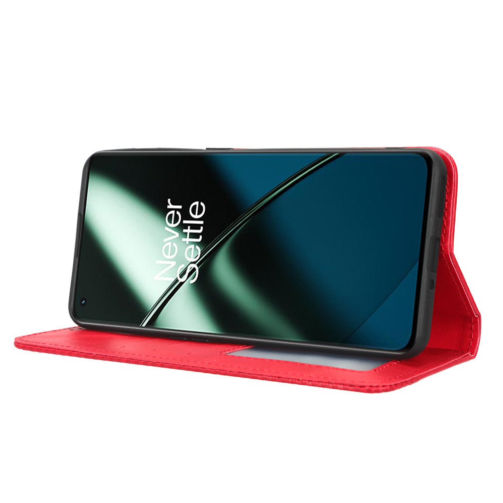Cell Phone Cover with Stand For OnePlus 11 5G, Magnetic Retro Texture Wallet Drop-proof PU Leather Phone Case - Red