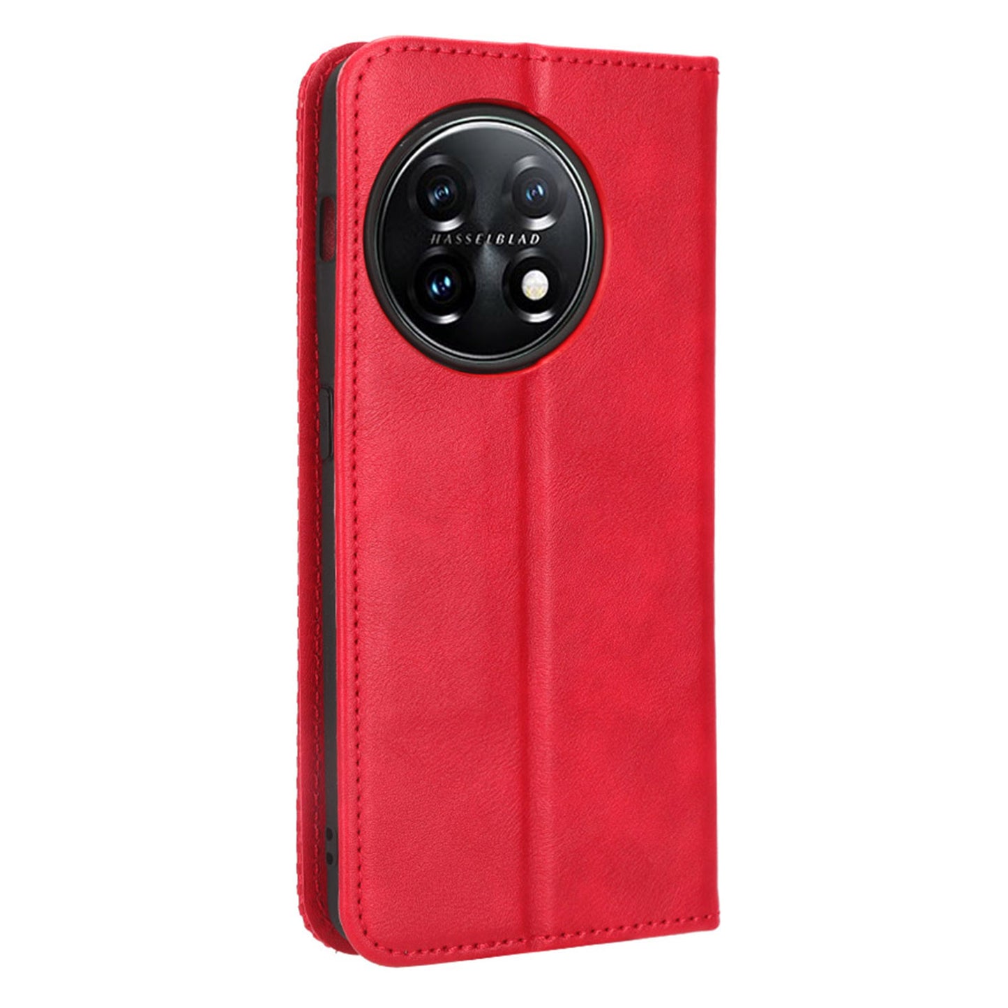 Cell Phone Cover with Stand For OnePlus 11 5G, Magnetic Retro Texture Wallet Drop-proof PU Leather Phone Case - Red