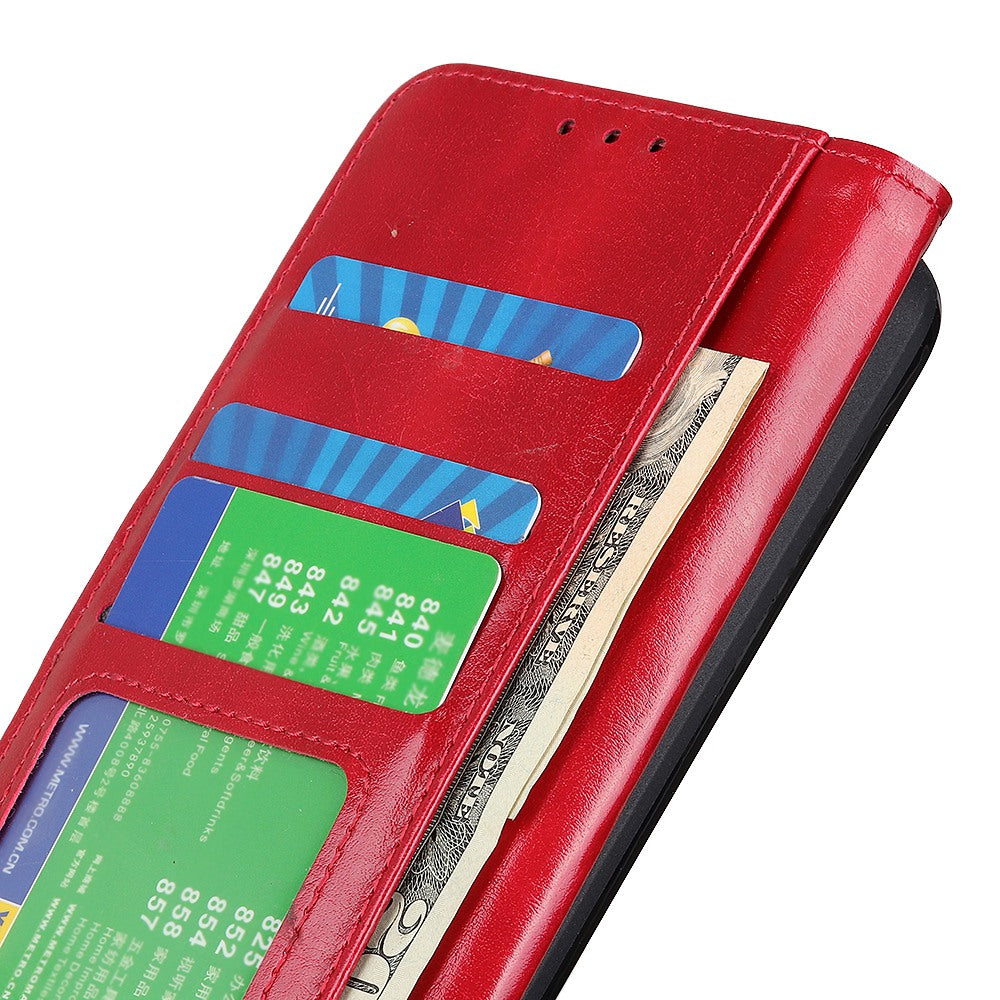 Phone Stand Case Wallet for OnePlus 11 5G, Crazy Horse Texture Magnetic Clasp PU Leather + TPU Shockproof Cover - Red