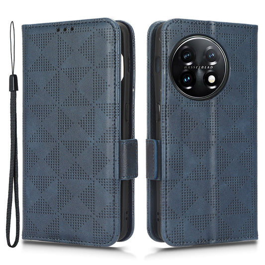 For OnePlus 11 5G Cell Phone Case Imprinted Triangle Pattern Phone Cover PU Leather Wallet with Wrist Strap - Blue
