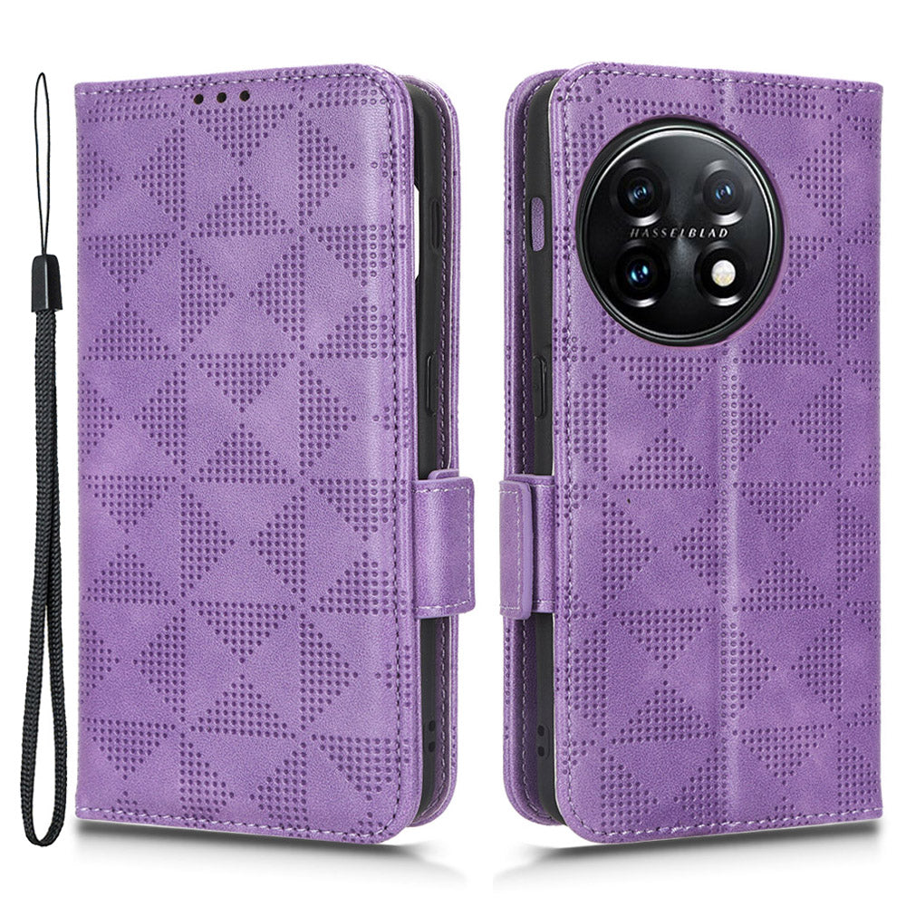 For OnePlus 11 5G Cell Phone Case Imprinted Triangle Pattern Phone Cover PU Leather Wallet with Wrist Strap - Purple