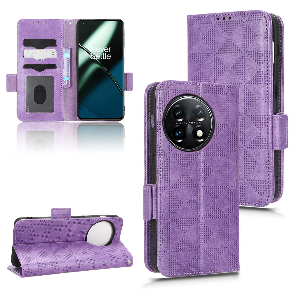 For OnePlus 11 5G Cell Phone Case Imprinted Triangle Pattern Phone Cover PU Leather Wallet with Wrist Strap - Purple