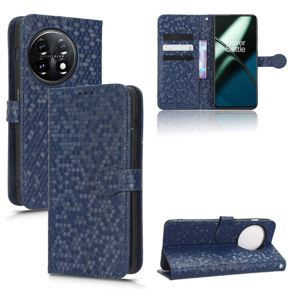 Phone Shell Case for OnePlus 11 5G, Imprinted Dot Pattern Wallet Stand PU Leather Shockproof Cover - Dark Blue