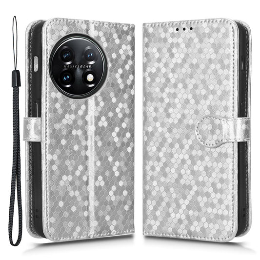 Phone Shell Case for OnePlus 11 5G, Imprinted Dot Pattern Wallet Stand PU Leather Shockproof Cover - Silver