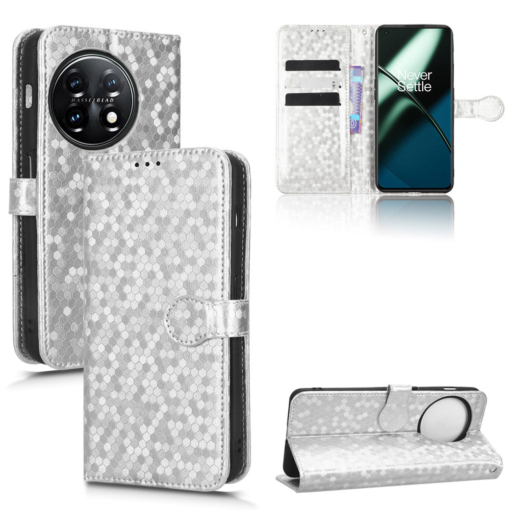 Phone Shell Case for OnePlus 11 5G, Imprinted Dot Pattern Wallet Stand PU Leather Shockproof Cover - Silver