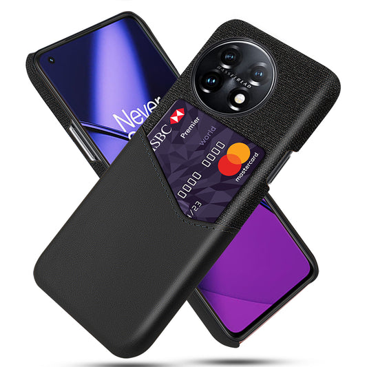 Anti-scratch Phone Cover For OnePlus 11 5G, Cloth Texture Phone Case Card Holder PU Leather Coated Hard PC Phone Shell - Black