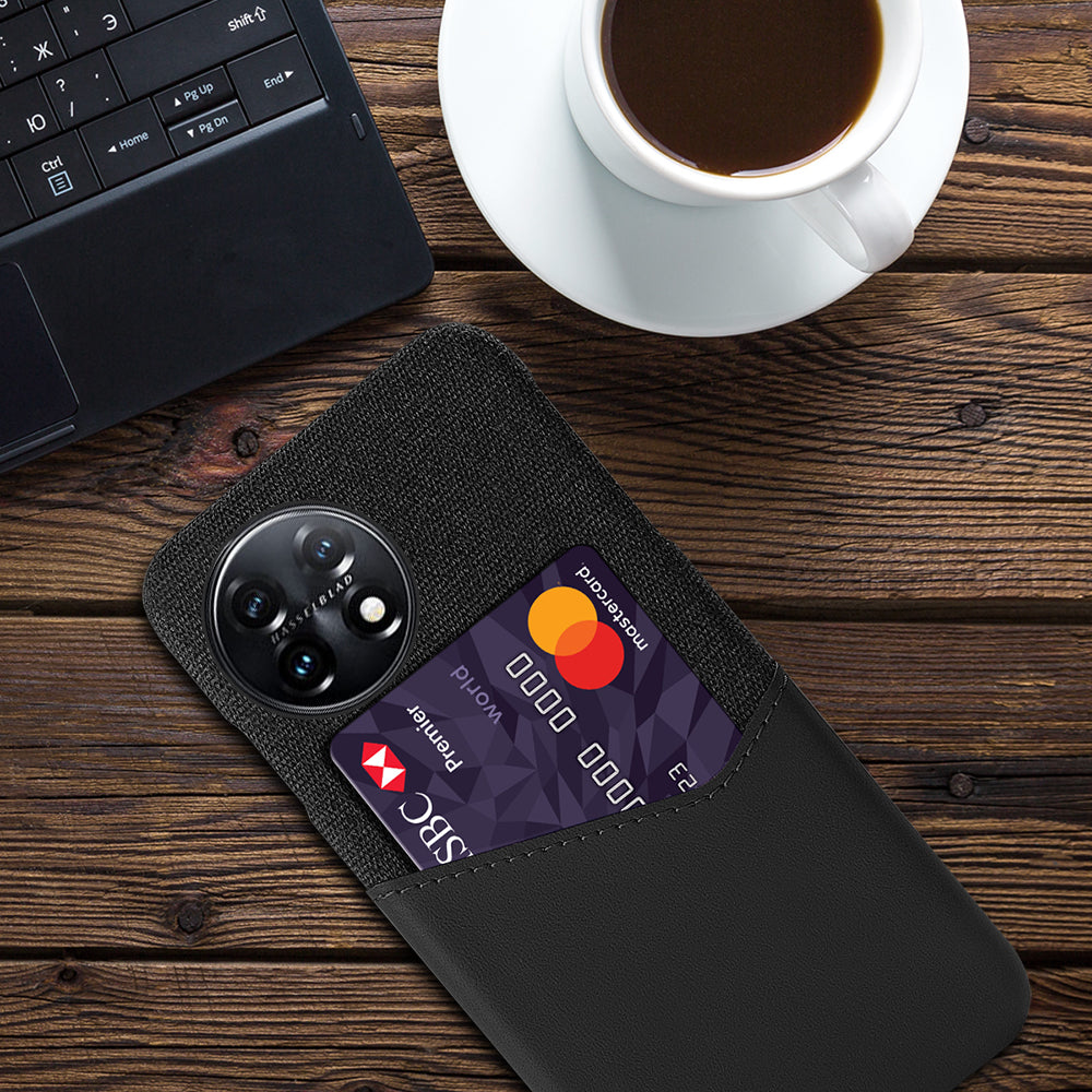Anti-scratch Phone Cover For OnePlus 11 5G, Cloth Texture Phone Case Card Holder PU Leather Coated Hard PC Phone Shell - Black