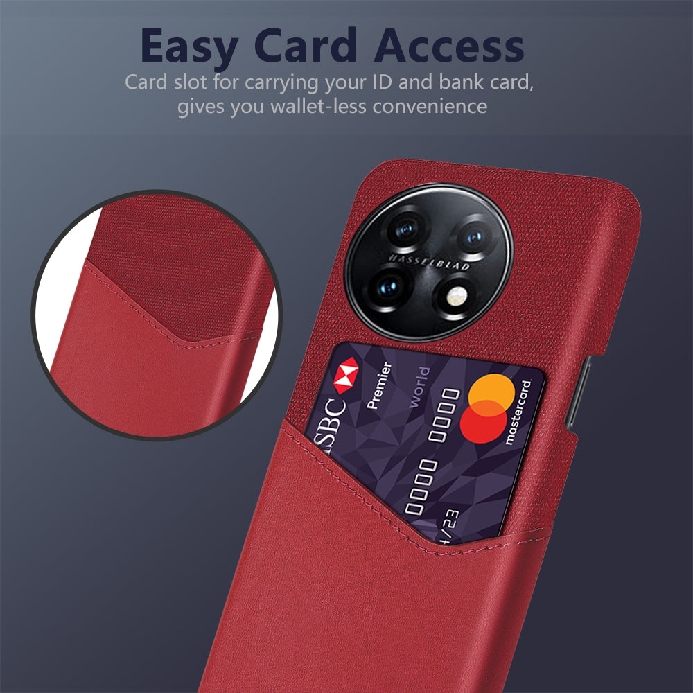 Anti-scratch Phone Cover For OnePlus 11 5G, Cloth Texture Phone Case Card Holder PU Leather Coated Hard PC Phone Shell - Red