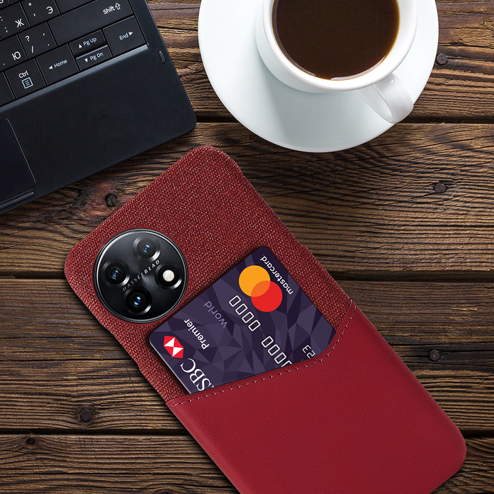 Anti-scratch Phone Cover For OnePlus 11 5G, Cloth Texture Phone Case Card Holder PU Leather Coated Hard PC Phone Shell - Red