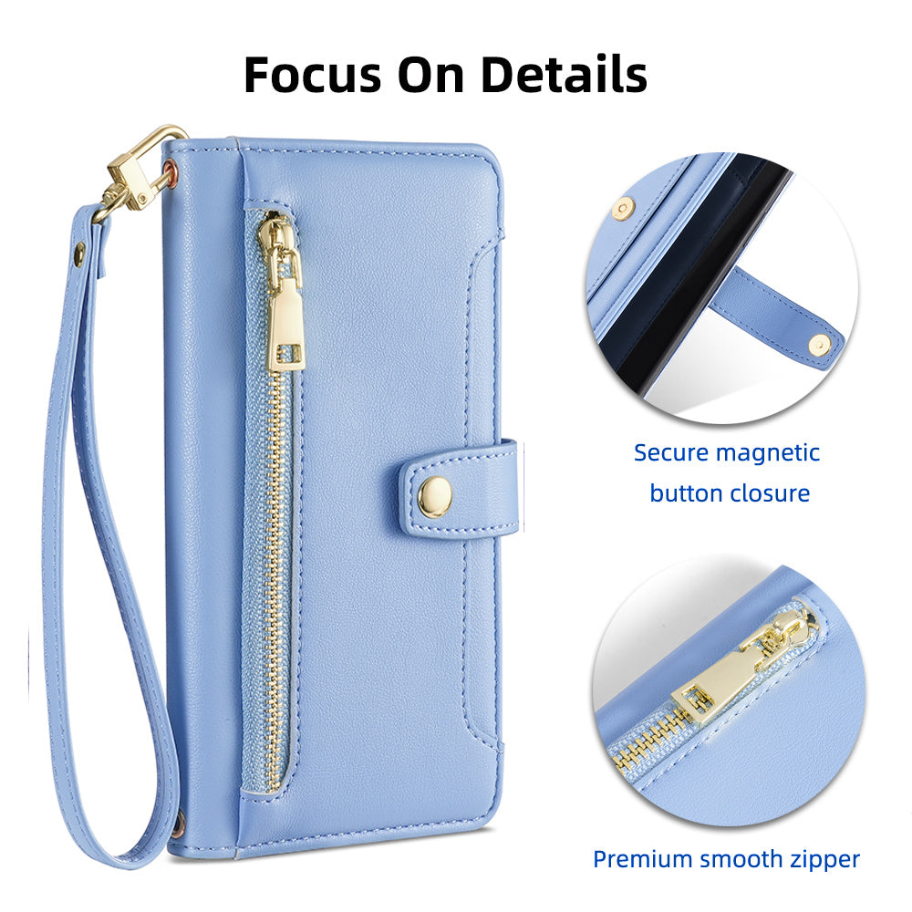 Shockproof Phone Case for OnePlus 11 5G, Zipper Pocket Card Slots Flip Leather Phone Cover with Straps - Blue