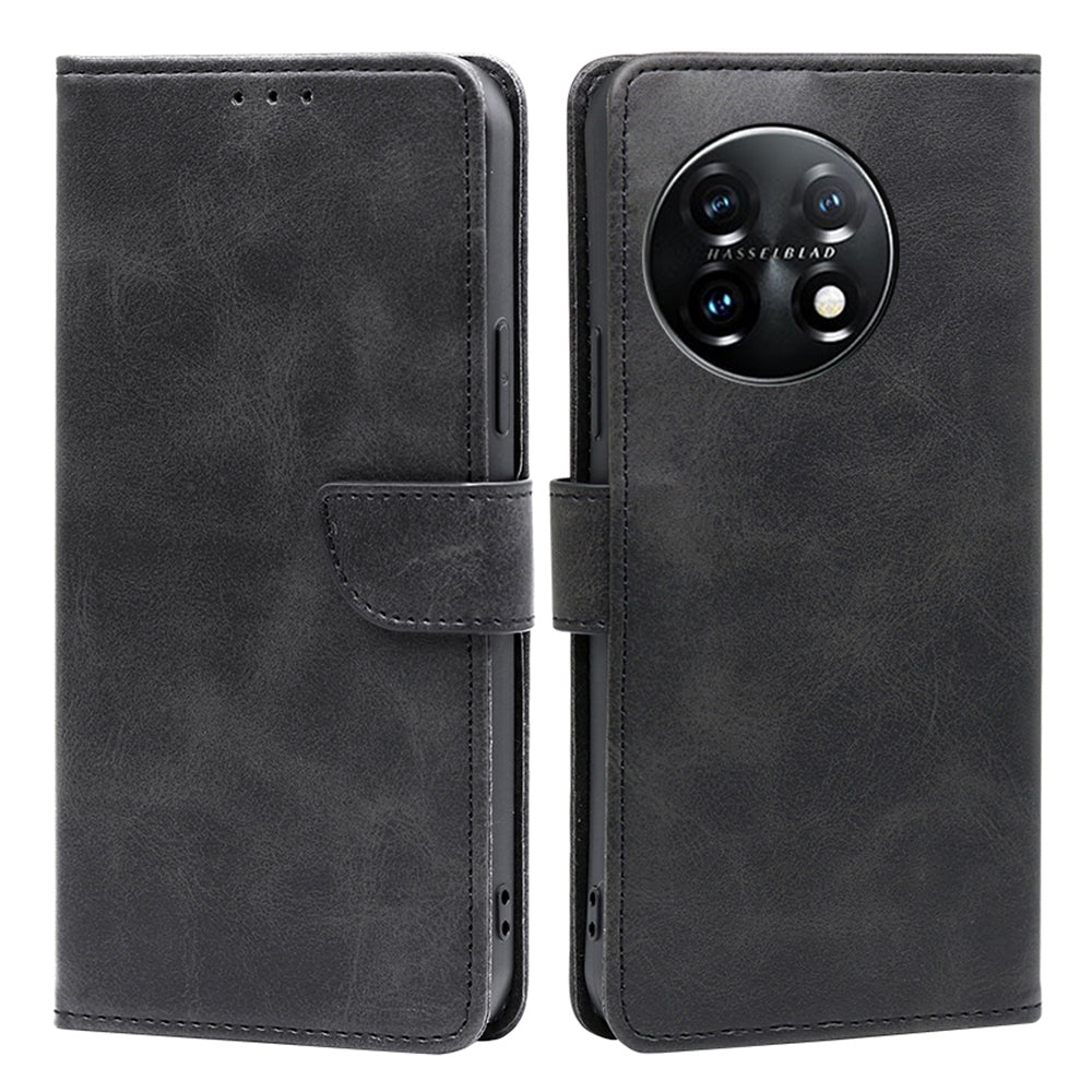 Shockproof Cell Phone Case for OnePlus 11 5G, Calf Texture Stand Wallet Anti-scratch PU Leather Phone Cover - Black