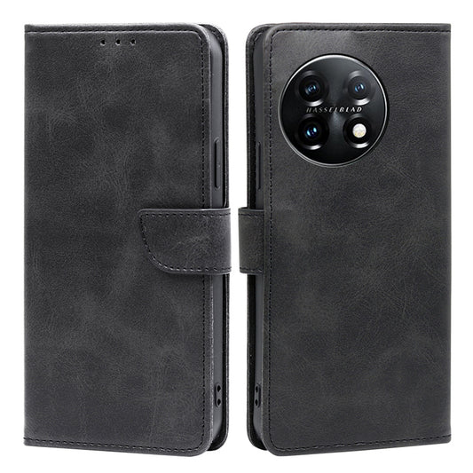 Shockproof Cell Phone Case for OnePlus 11 5G, Calf Texture Stand Wallet Anti-scratch PU Leather Phone Cover - Black