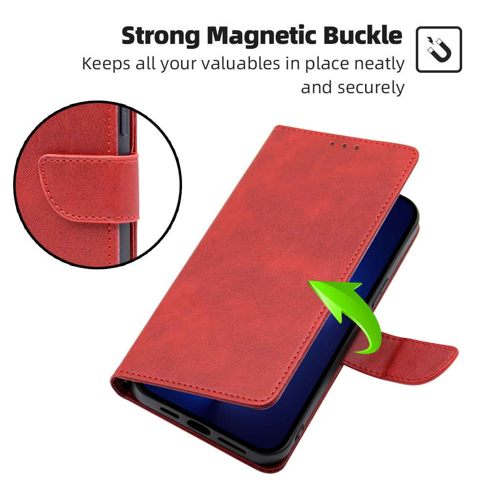 Shockproof Cell Phone Case for OnePlus 11 5G, Calf Texture Stand Wallet Anti-scratch PU Leather Phone Cover - Red