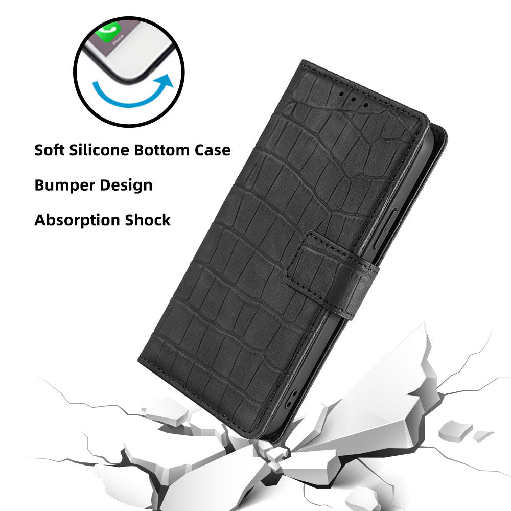 Skin-friendly Phone Case For OnePlus 11 5G, Wallet Stand Crocodile Texture PU Leather + TPU Anti-fall Cell Phone Cover - Black