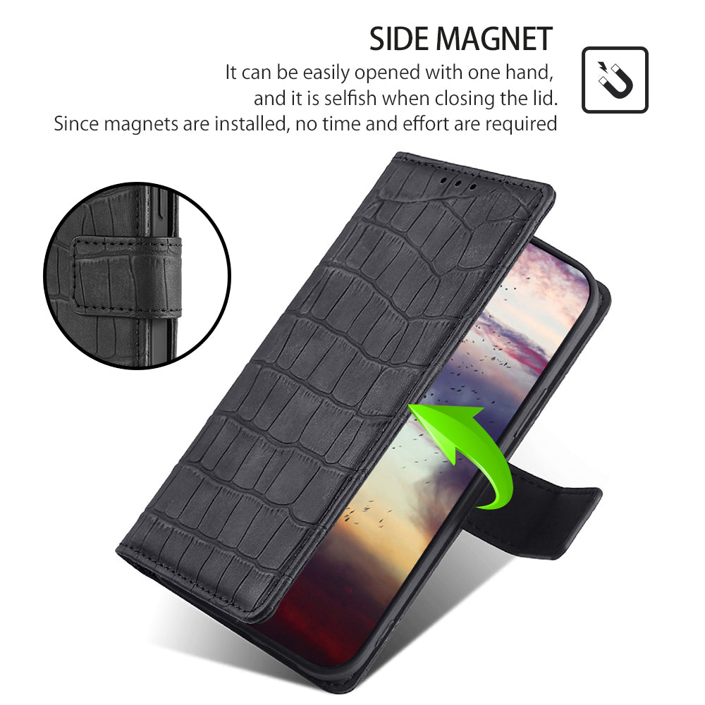 Skin-friendly Phone Case For OnePlus 11 5G, Wallet Stand Crocodile Texture PU Leather + TPU Anti-fall Cell Phone Cover - Black
