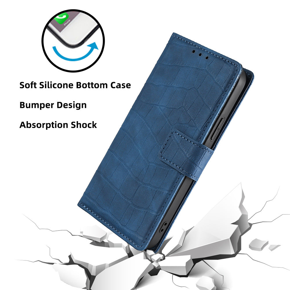 Skin-friendly Phone Case For OnePlus 11 5G, Wallet Stand Crocodile Texture PU Leather + TPU Anti-fall Cell Phone Cover - Blue