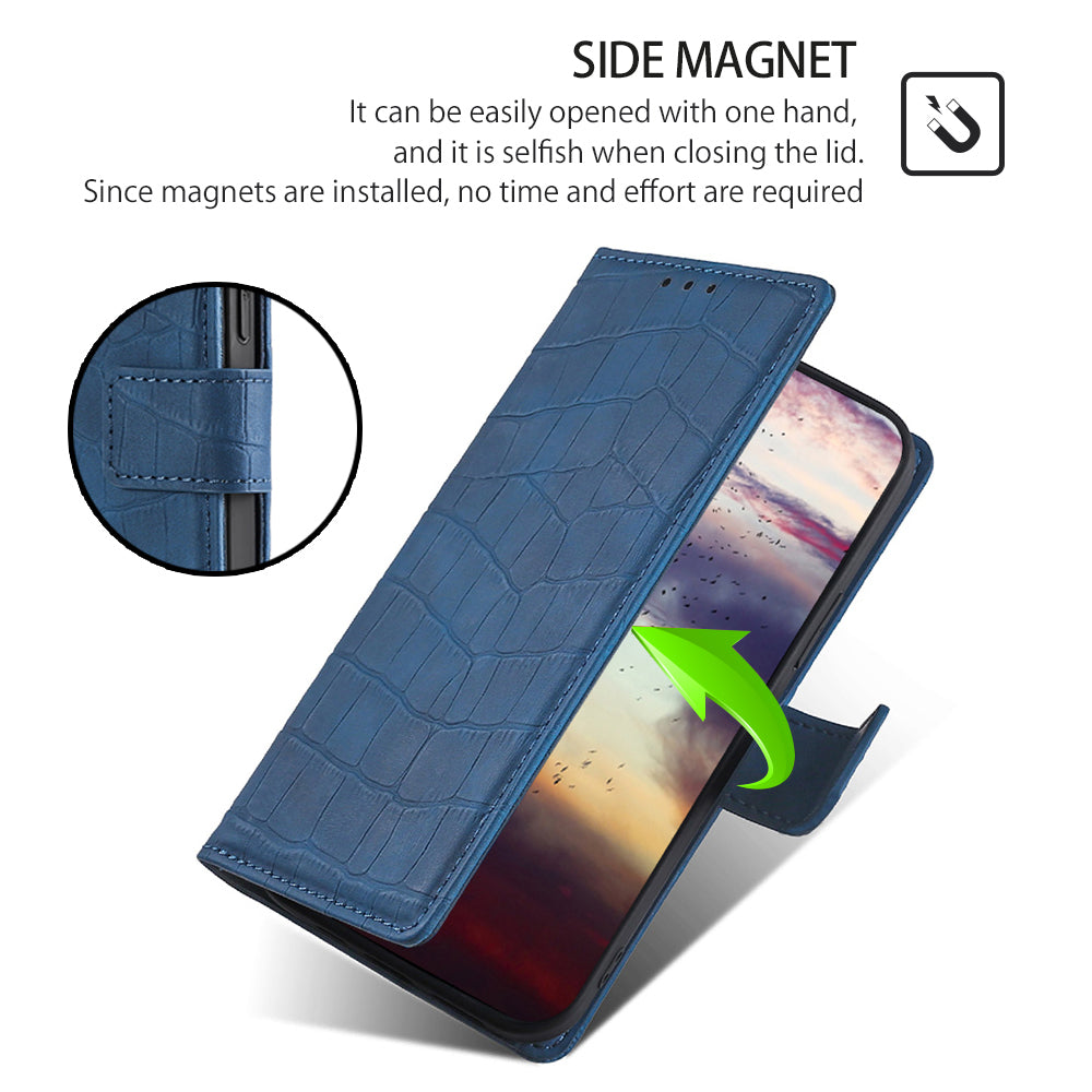Skin-friendly Phone Case For OnePlus 11 5G, Wallet Stand Crocodile Texture PU Leather + TPU Anti-fall Cell Phone Cover - Blue