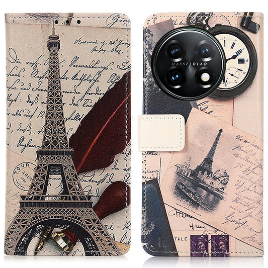 For OnePlus 11 5G Pattern Printing Phone Case PU Leather Stand Wallet Flip Cover - Tower and Feather