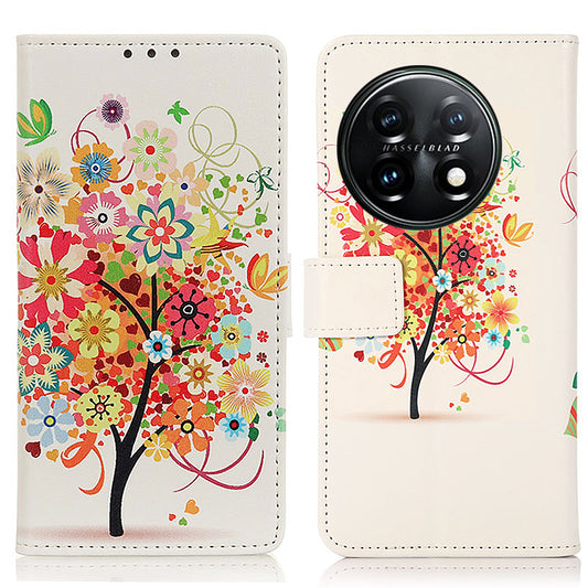 For OnePlus 11 5G Pattern Printing Phone Case PU Leather Stand Wallet Flip Cover - Red Tree