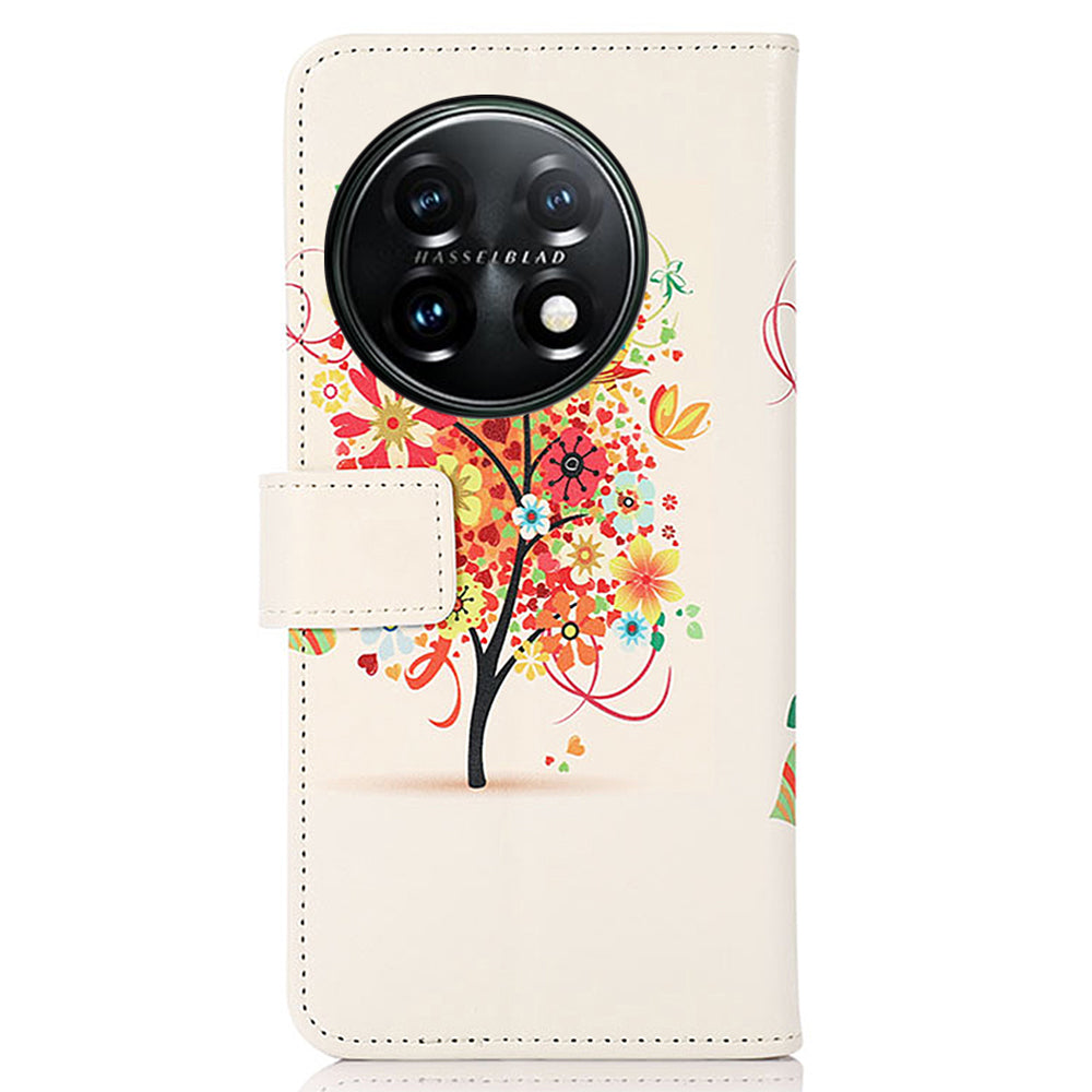 For OnePlus 11 5G Pattern Printing Phone Case PU Leather Stand Wallet Flip Cover - Red Tree