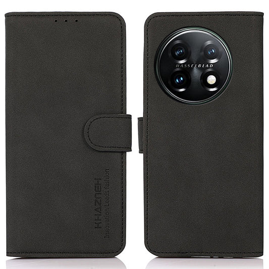 KHAZNEH PU Leather Phone Case for OnePlus 11 5G Textured Magnetic Clasp Stand Wallet Cover - Black