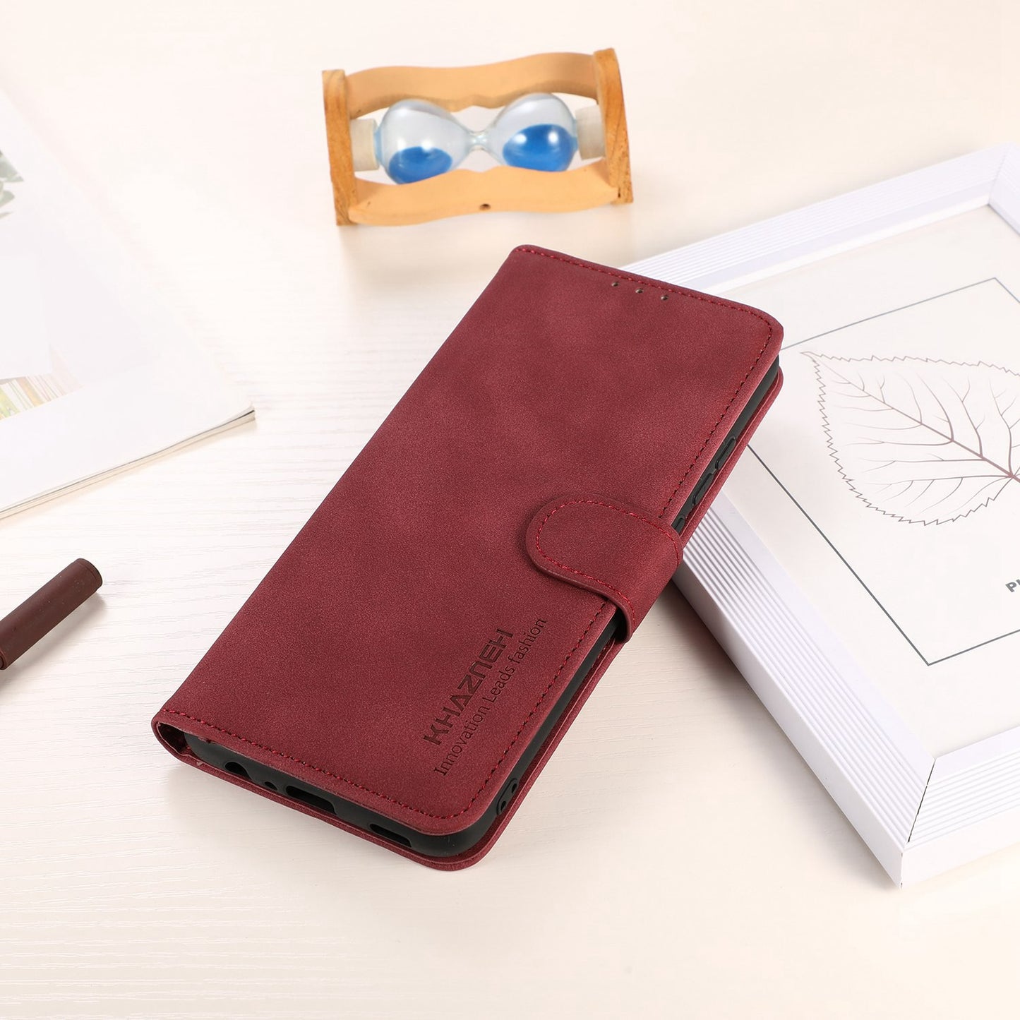 KHAZNEH PU Leather Phone Case for OnePlus 11 5G Textured Magnetic Clasp Stand Wallet Cover - Red