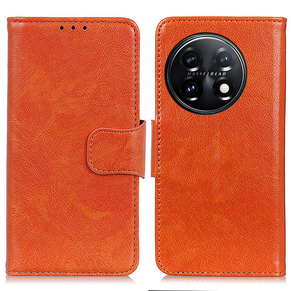 For OnePlus 11 5G Nappa Texture Split Leather Flip Case Stand Wallet Magnetic Clasp Phone Cover - Orange