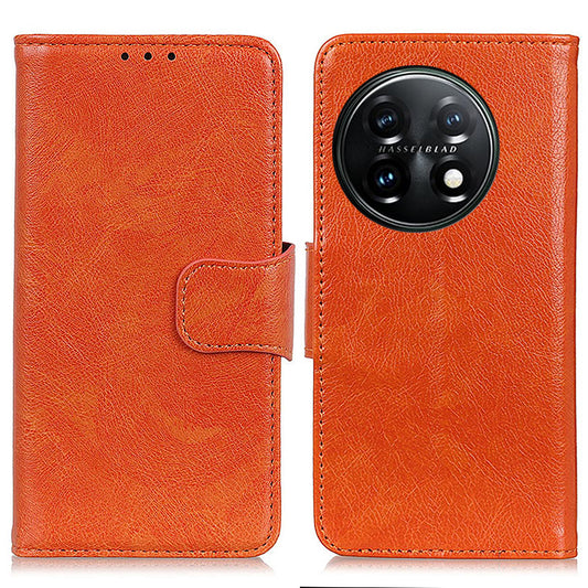 For OnePlus 11 5G Nappa Texture Split Leather Flip Case Stand Wallet Magnetic Clasp Phone Cover - Orange