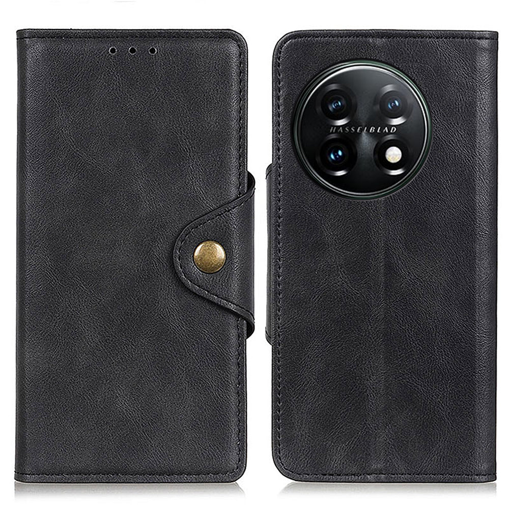 Flip Cover for OnePlus 11 5G Magnetic Brass Buckle PU Leather Wallet Cover Stand Phone Case - Black