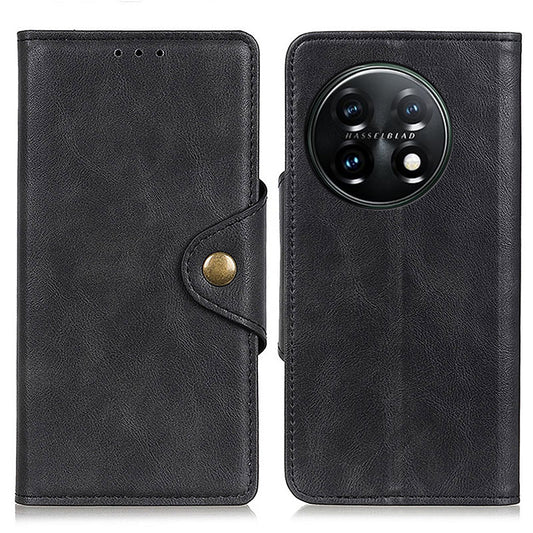 Flip Cover for OnePlus 11 5G Magnetic Brass Buckle PU Leather Wallet Cover Stand Phone Case - Black
